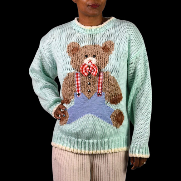 Vintage Far Near Teddy Bear 3D Sweater Green Pastel Textured Camp Novelty Large - Picture 1 of 16